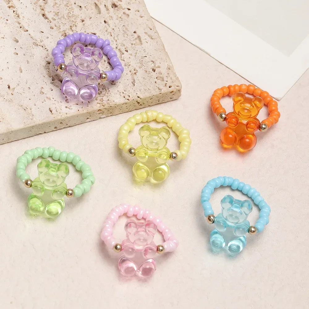 6pcs/set Gummy Bear Rings for Women Girls Candy Color Fashion Finger Rings Seed Beads DIY Cute Rings Adjustable Jewelry Gift