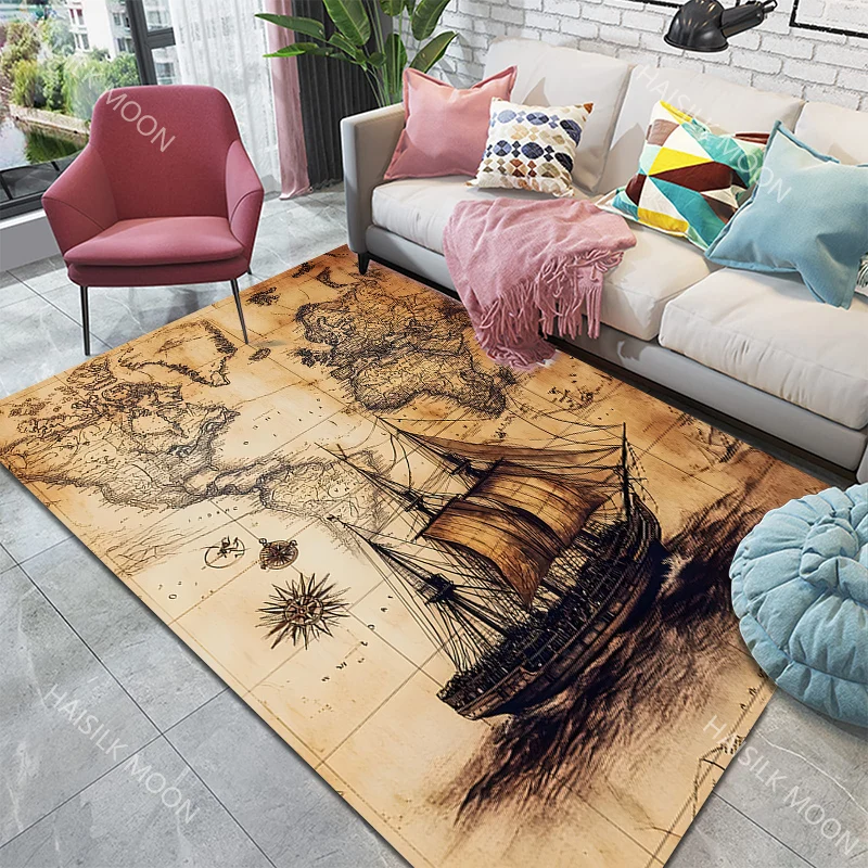New Arrival！Retro Nautical Style Map Pattern Carpet for Living Room Bedroom Sofa Home Decor Non-slip Floor Mat Luxury Gift