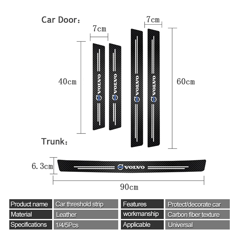 5Pcs Car Logo Threshold Stickers Door Sill Protector Anti Scratch For Volvo XC90 V90 V60 XC60 V40 S80 S60 S90 C40 XC40 V70 XC70