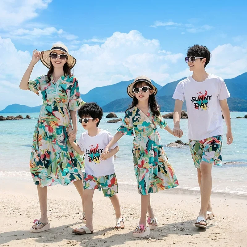 Family Matching Outfit Set Tropical Floral Wrap Dress & T-Shirt Shorts Set Casual Beach Vacation Outfits for Mom Dad and Kids
