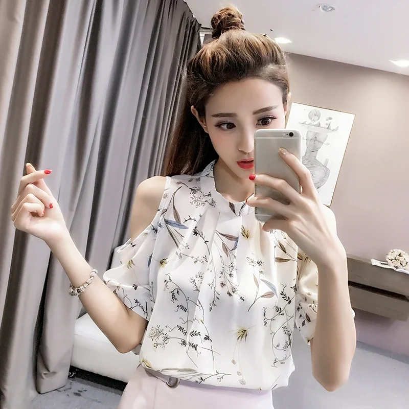 Half Sleeve Women's Shirt and Blouse White Sexy Chiffon with Print Female Tops Tunic 2024 Simple Cheap Stylish Summer Novelties