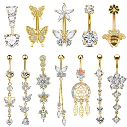 1PC Gold Color Series Butterfly Heart Dangled Belly Button Rings 14G Tassel Flower Belly Ring for Women Navel Piercing Nombril