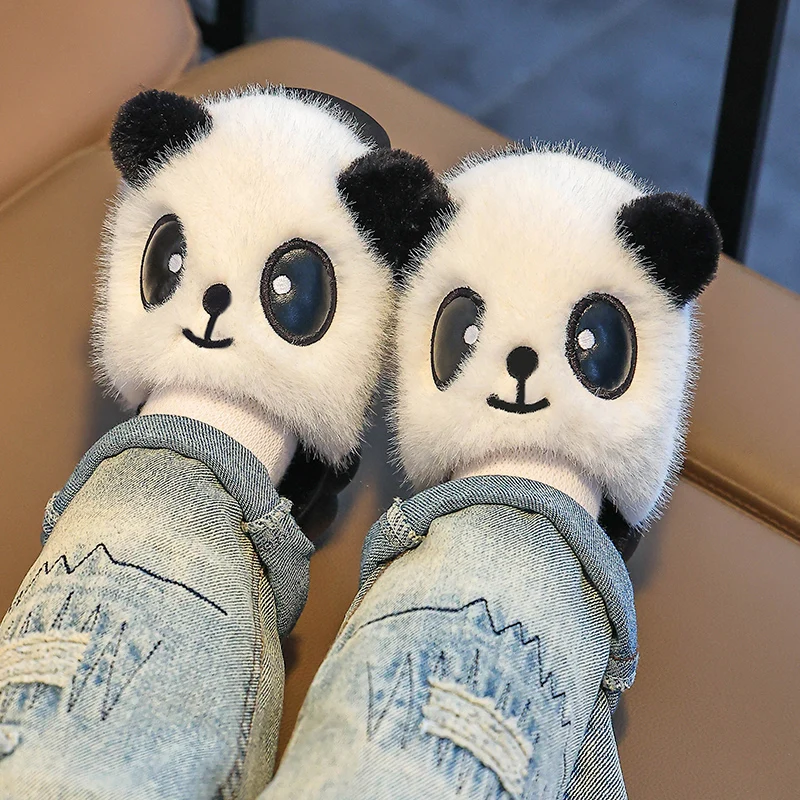 New Winter Warm Cute Cartoon Panda Indoor Mule Soft Non-slip Kids Fluffy Slippers For Boys And Girls Children Home Cotton Shoes