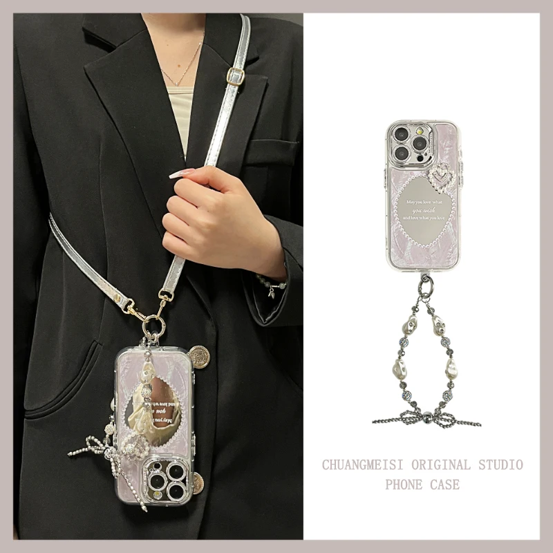 

Легкий роскошный трехмерный жемчуг в форме сердца для iphone15promax чехол для телефона apple 14promax темперамент 13promax 14pro через плечо