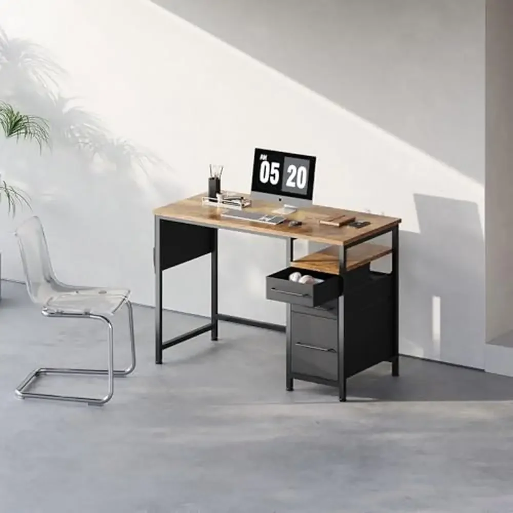 Writing Desk with Drawers and Storage Shelf Adjustable Metal Frame Compact Computer Office Desk Rustic Brown Wood Surface