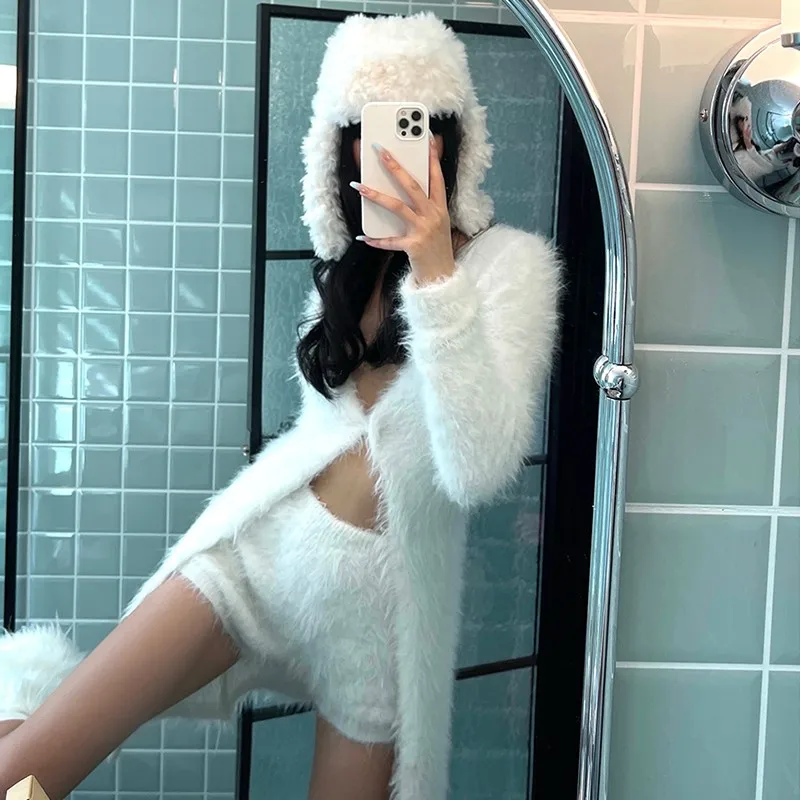 Karrram Fairycore White Cardigans Sexy V-neck Mohair Knitwear Japanese Harajuku Knitted Coat Korean Winter Fur Clothes Fluffy