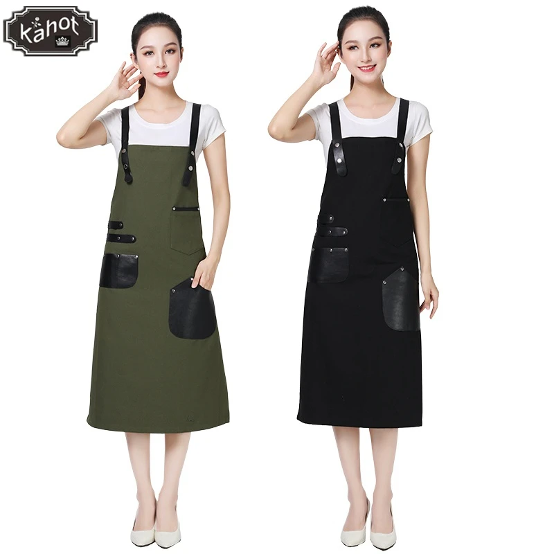 Cross Back Waterproof Canvas Apron With Large Pocket Adjustable Straps For Shop Nail Salon Coffee And Milk Tea Shop Restaurant