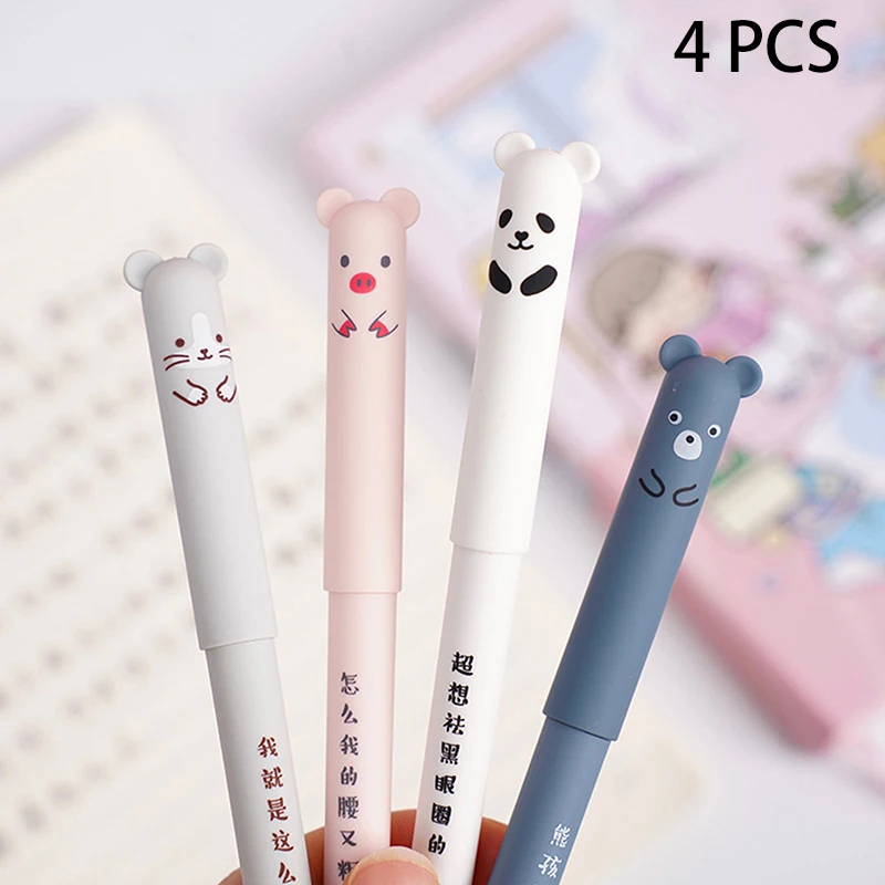 4Pcs Cute Cartoon Bear Erasable Neutral Pen Creative Replaceable Refill Writing Pen Student Stationery School Supplies Gifts