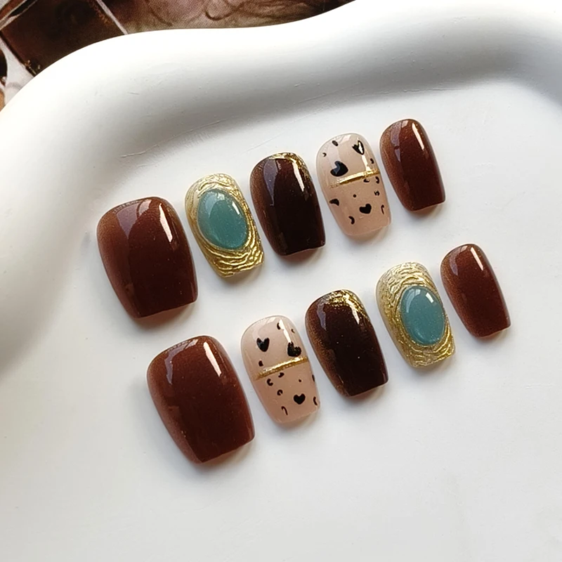 10 Stück Blaue Edelstein-Bernstein-Leoparden-Nägel mit Katzenauge zum Aufkleben, INS-Trend Elegante Nagelkunst, Hochwertige Künstliche Nägel, Nagelaufkleber