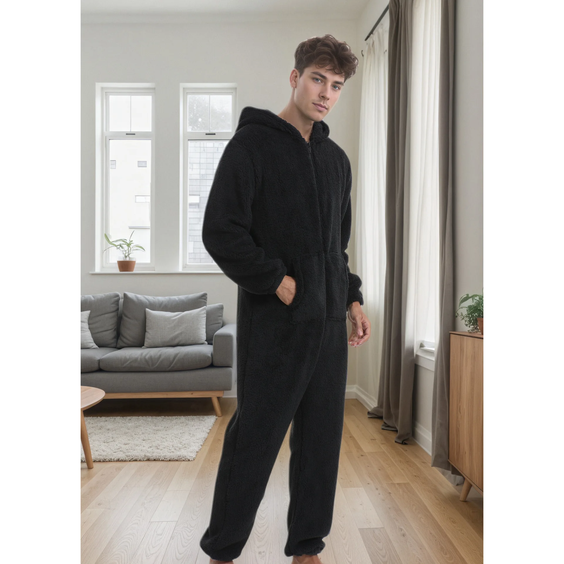 Conjunto de sombrero de terciopelo grueso para hombre, pijamas sencillos de Color sólido, ropa informal holgada para el hogar, otoño e invierno