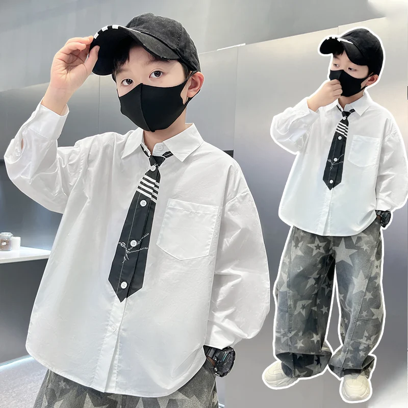 

New Fashion Children Long Sleeve Formal White Shirt With Tie for Teenage Boy Elegant Blouses for Wedding Party Kids School Wear