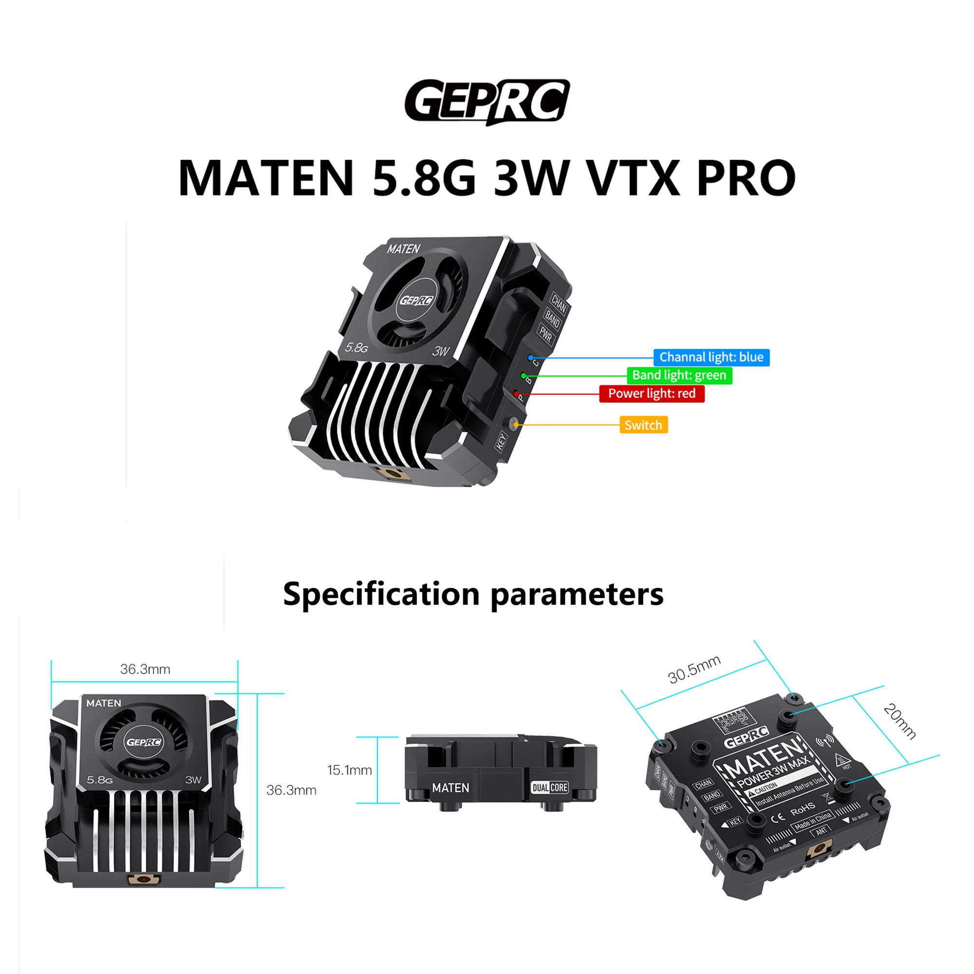 

GEPRC MATEN 5.8G 3W VTX PRO 3000mW Transmitter Transmitting Module Supports 7V-36V FPV Long Range Racing Drone
