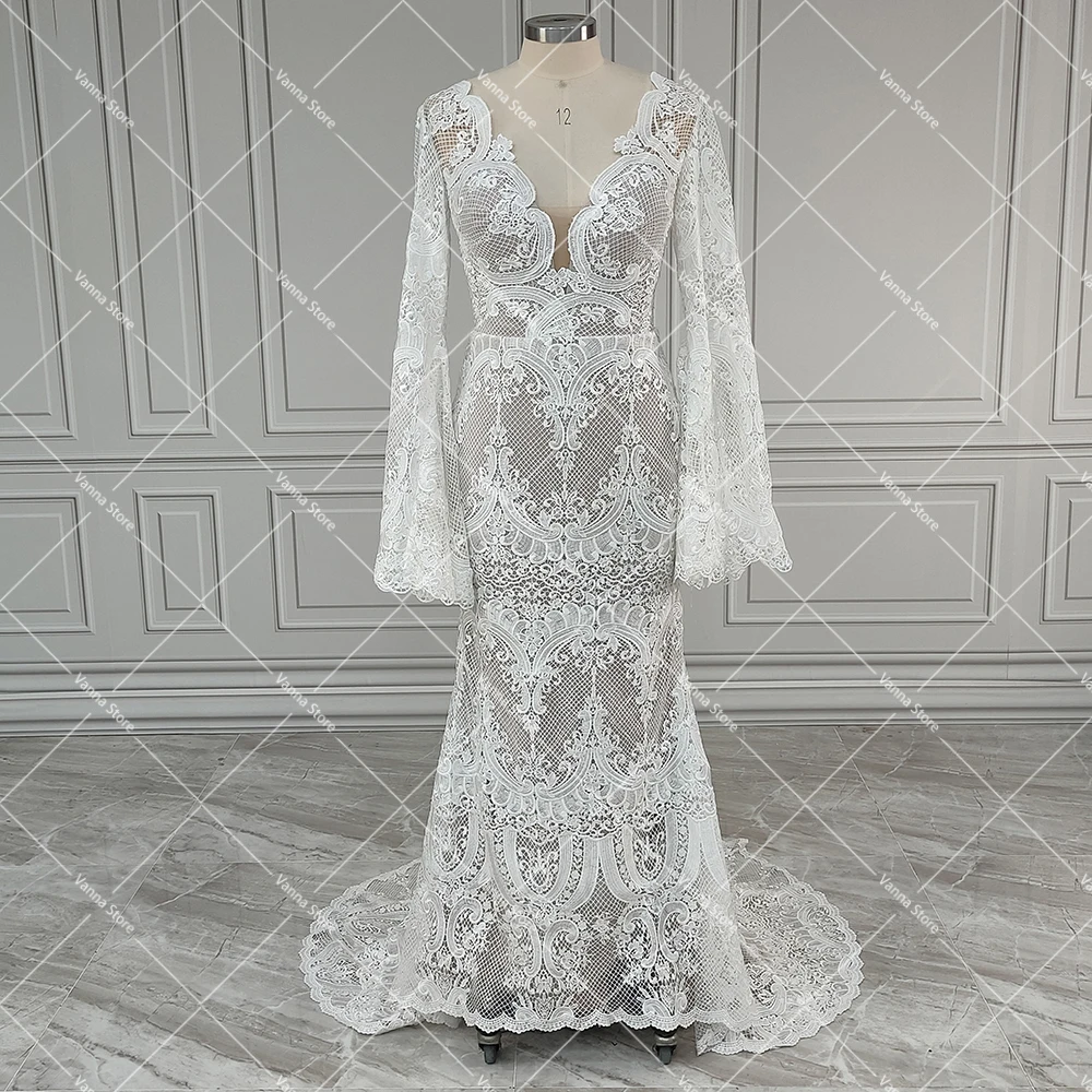 Abito da sposa con maniche lunghe a pipistrello Boho in pizzo intagliato su misura Plus Size sirena scollo a v abito da sposa Sexy con apertura sul retro