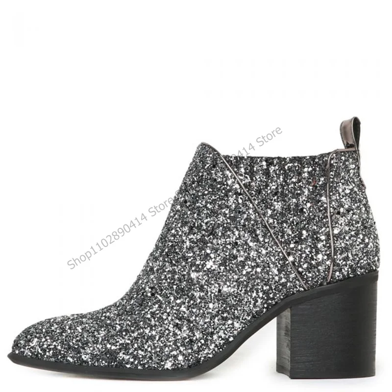 

Silver Sequins Decor Pointed Toe Ankle Boots Side Zipper Women Shoes Chunky High Heels Fashion Office 2023 Zapatos Para Mujere