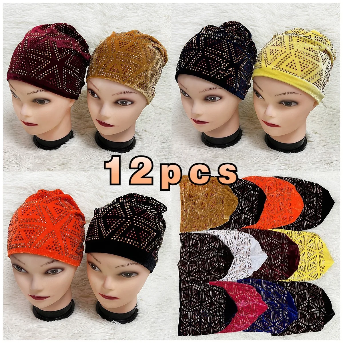 

6/12pcs Latest Fashion Muslim Female Turban Hat Bonnet Gold Velvet Hot Rhinestone Solid India Beanie Hair Bonnets Cap For Women