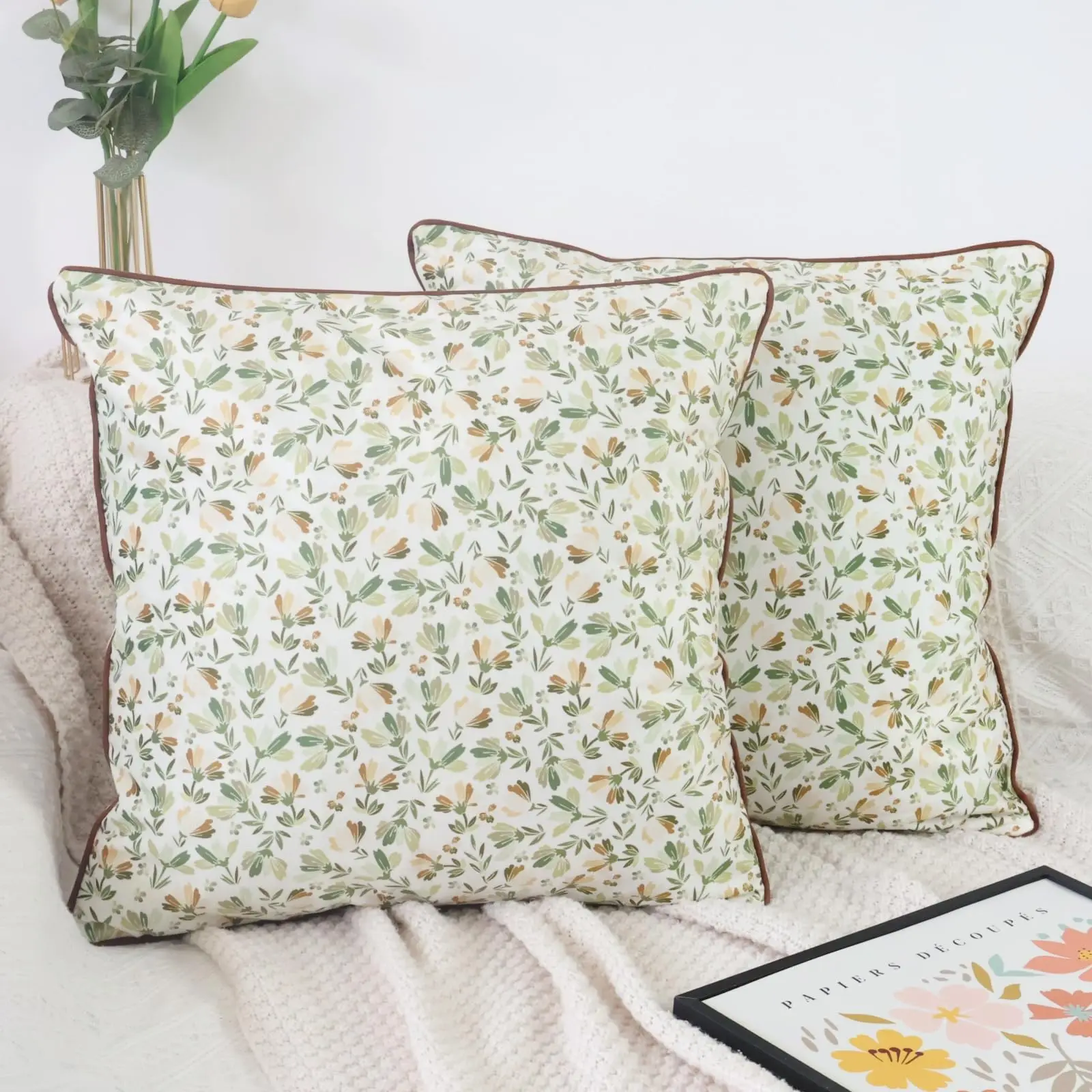 2 Pack Green Yellow Ditsy Floral Pillow Covers Double Sided Print Minimalist Boho Cushion Cases Home Decor for Sofa Bedroom