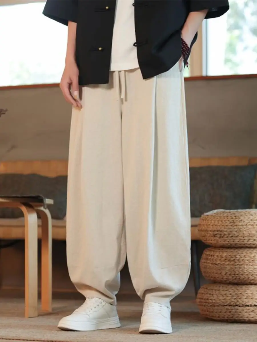 

Men's Loose Cotton Linen Summer Thin Wide Leg Pants Casual Harlan Retro Versatile Harlan Pants Men's Bright Thread/Lightning ...