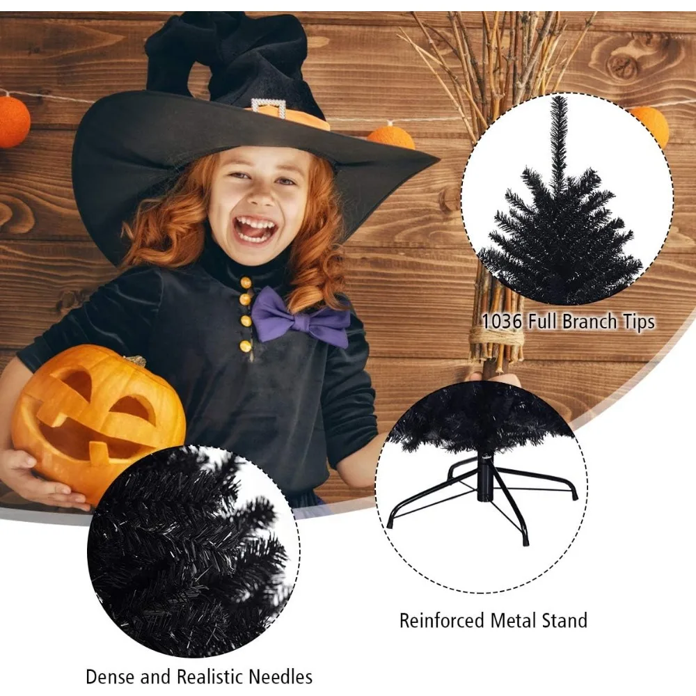 شجرة عيد الميلاد السوداء الاصطناعية غير المضاءة بطول 6 أقدام مع 1036 أطراف فرعية، وحامل معدني، مثالية لديكور الهالوين والعطلات الداخلية #3