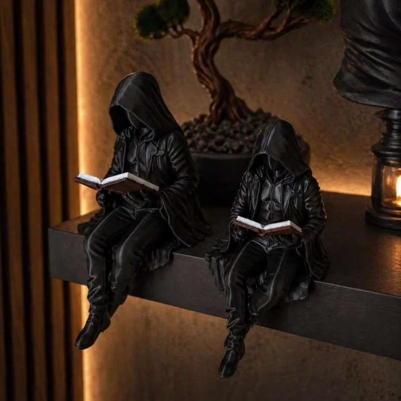 3D Printed Mysterious Man Reading Statue Black Cloak Scholar Figurine Desktop Bookshelf Decor Meditative Reader Ornament