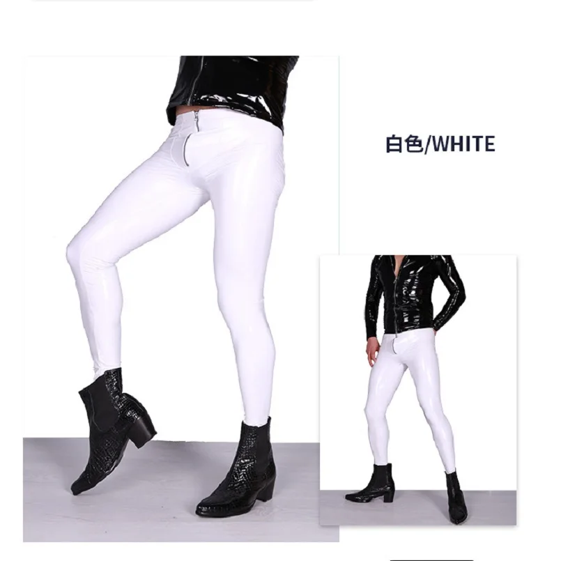 Men Shiny Wet Look PU Faux Leather Leggings, Front Zipper Skinny Tight Pants Elastic PVC Trousers Nightclub Performance Clubwear