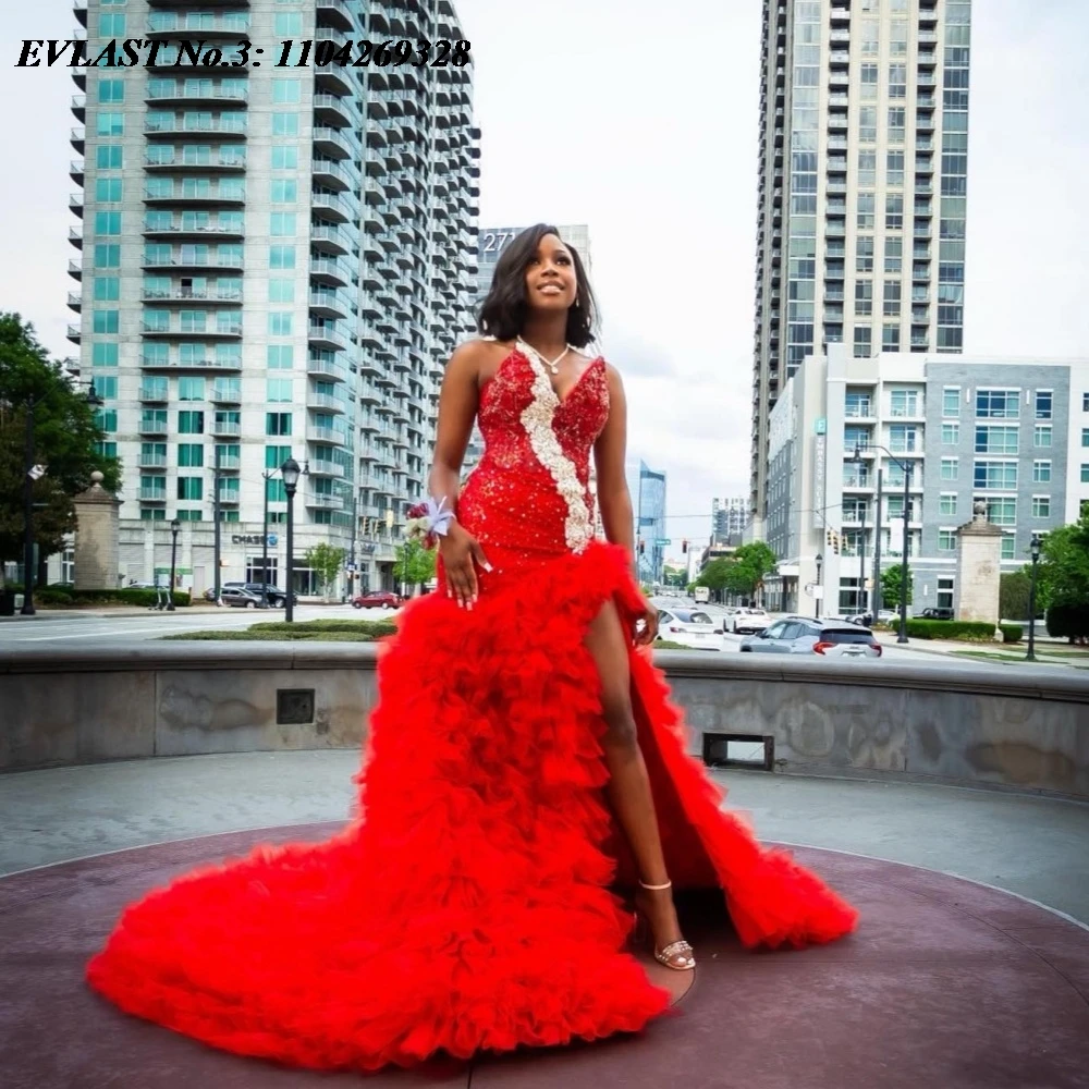EVLAST Customized African Red Aso Ebi Mermaid Prom Dress High Slit Ruffles Crystal Beaded Evening Gown Robe De Soirée E3P527
