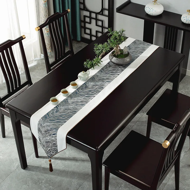 Chinese Style Table Runner Luxury with Tassel Spliced Jacquard for Wedding Hotel Dinner Party Shoe Cabinet Rural Home Decoration
