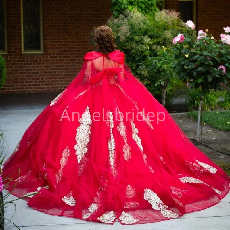 Angelsbridep Red Vestido De 15 Años Ball Gown Quinceanera Dress Evening Party Dresses With Cape Appliques