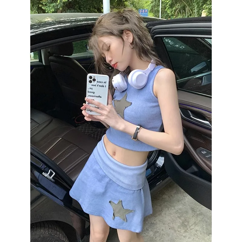 

Fashion Spicy Girl Suspender Vest Skirt Two-piece Set Women Round Neck Five Pointed Star Patch Sleeveless Sweet Slim Summer Suit