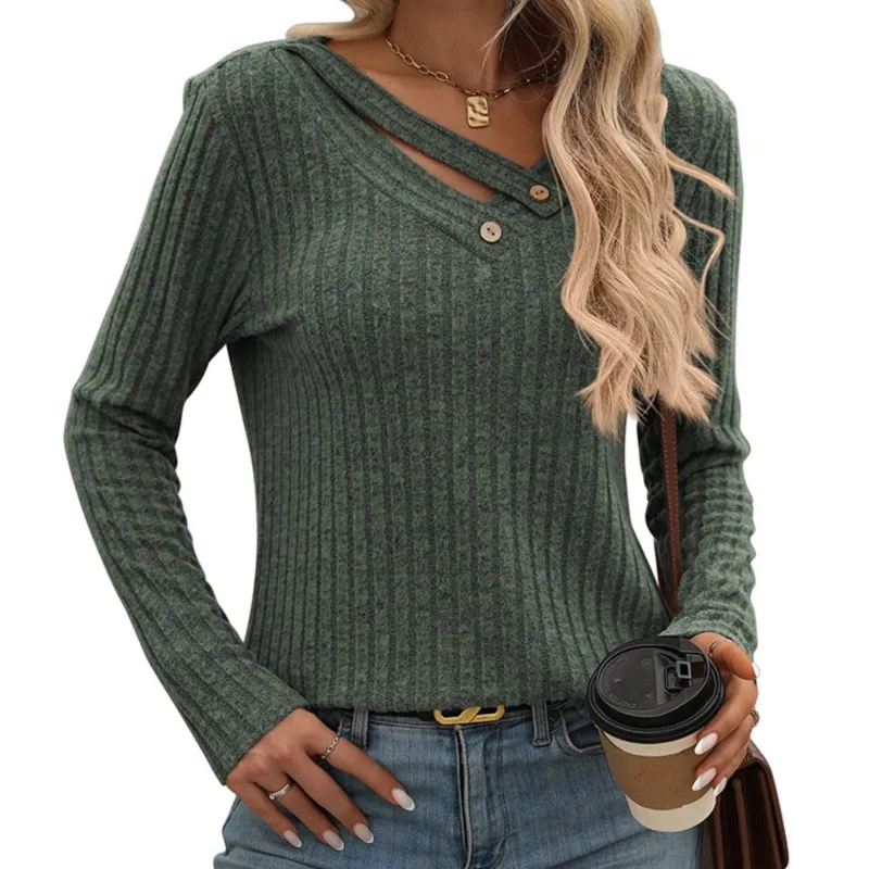 

Spring and Autumn Women's Long-sleeved T-shirts Pit Strips V-neck Button Pullover Tops Fashion Simple Casual Basic Tees