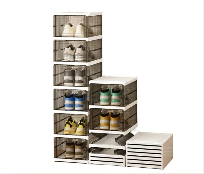 

3-Tier Foldable Stackable Shoe Storage Boxes with Lids Storage Portable Transparent Folding Multi-layer Integrated Shoe Cabinet