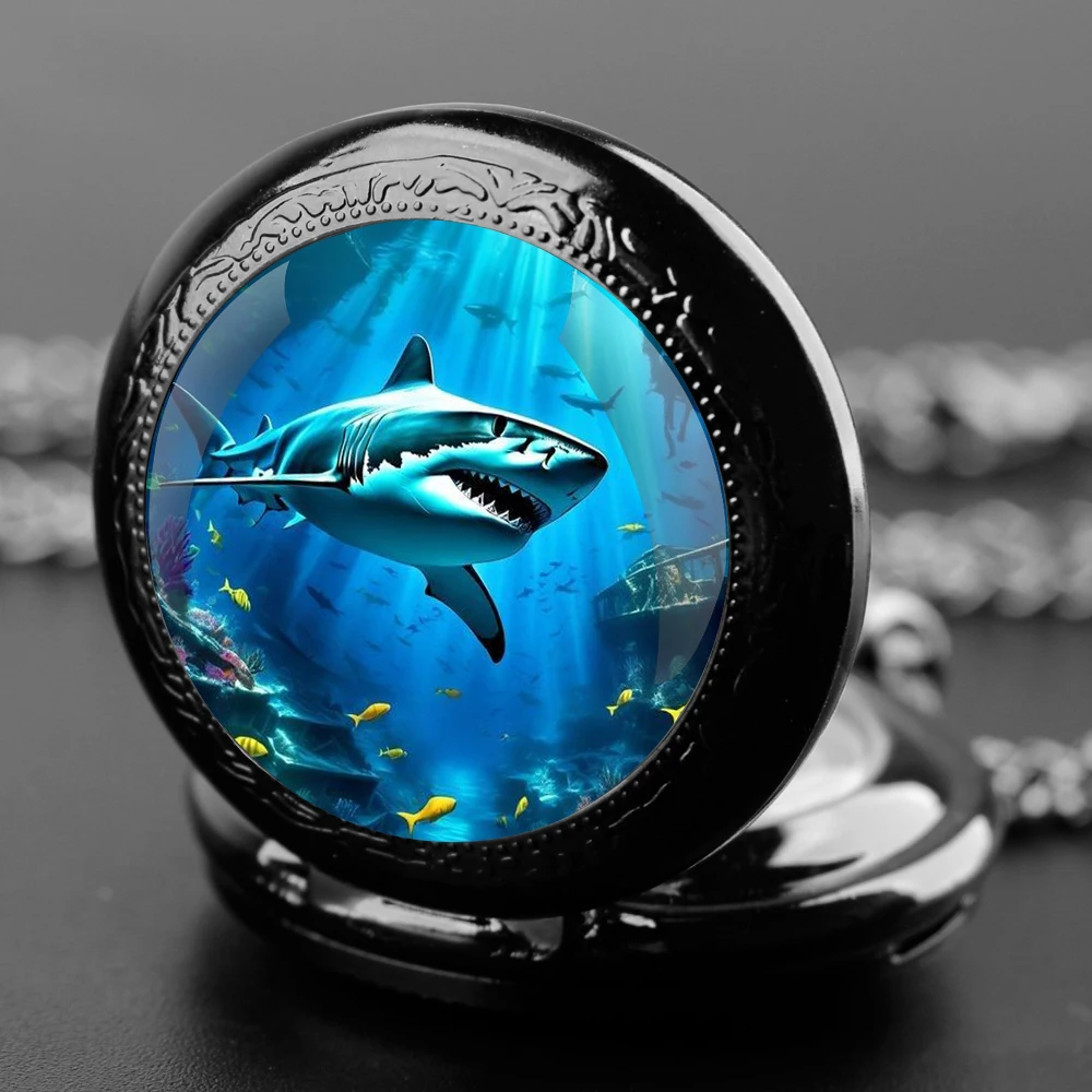 Creative White Shark Design Pendant Quartz Pocket Watch Souvenir Chain Pocket Watch Arabic Numerals With Personality Gift