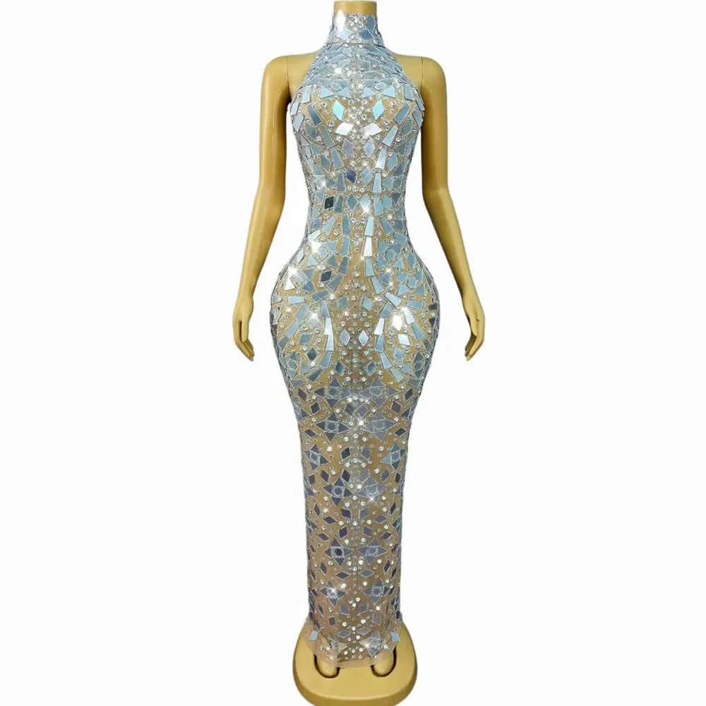 

Luxury Sliver Mirrors Rhinestones Sexy Backless Mesh Dress Women Evening Wedding Prom Elegant Gown Photo Shoot Stage Outfit