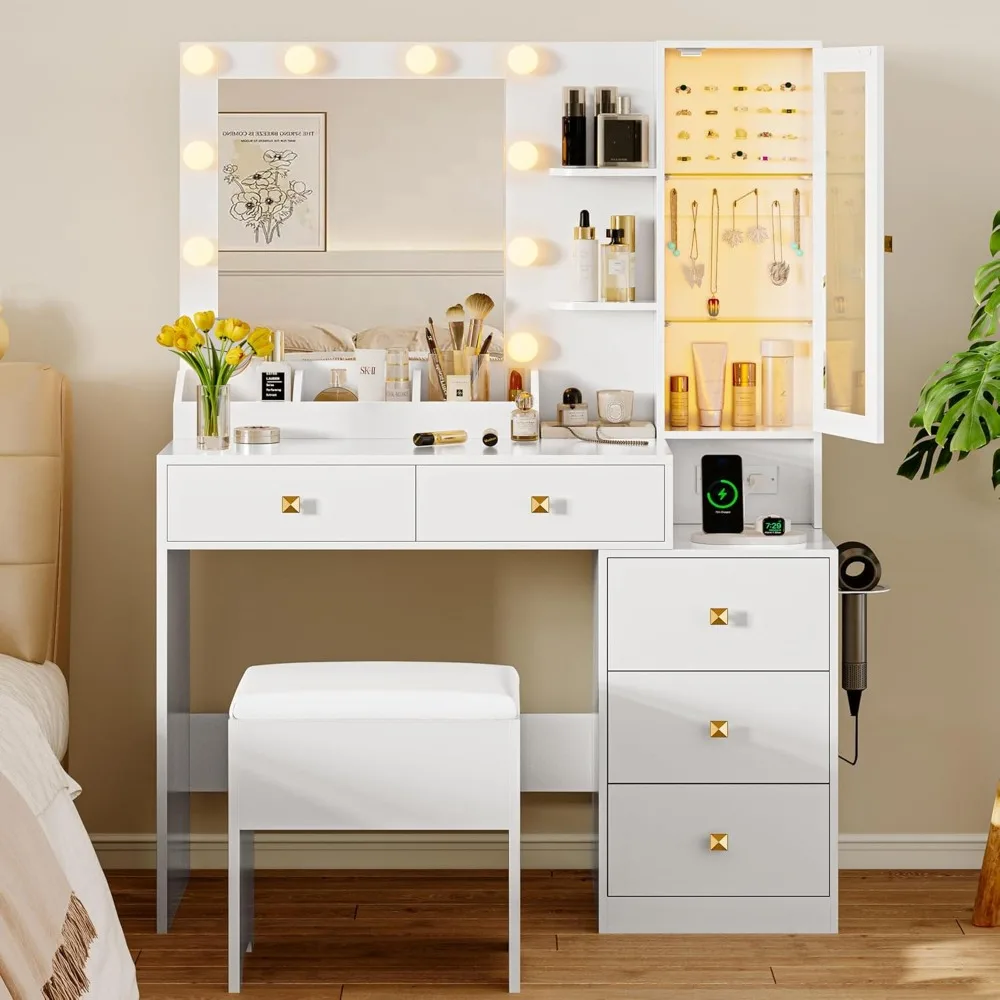 

Dressing Table with Mirror and Light, Dressing Table with 5 Storage Drawers, Power Outlet and Chair