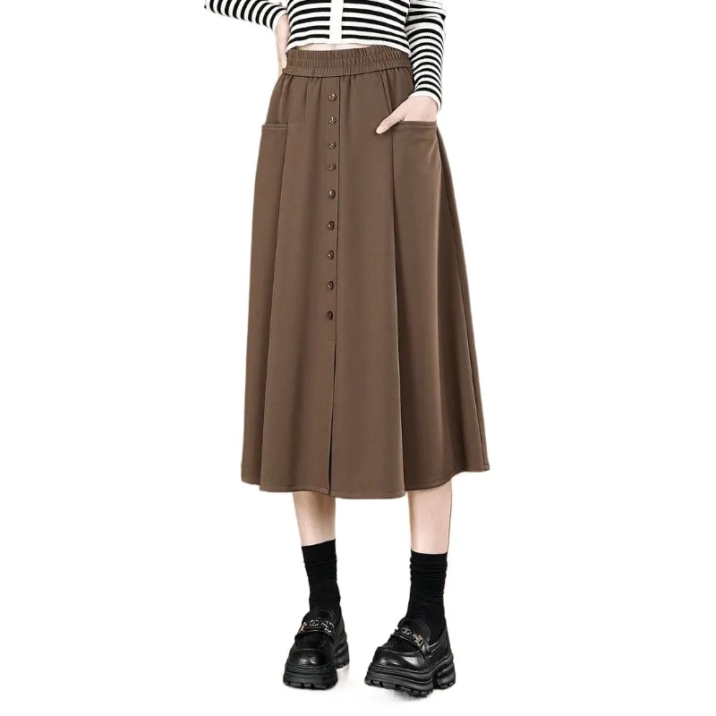 

Women's Spring Summer New Ins Trendy Versatile Single-breasted Plus Velvet A-line High-waist Casual Mid-length Skirt