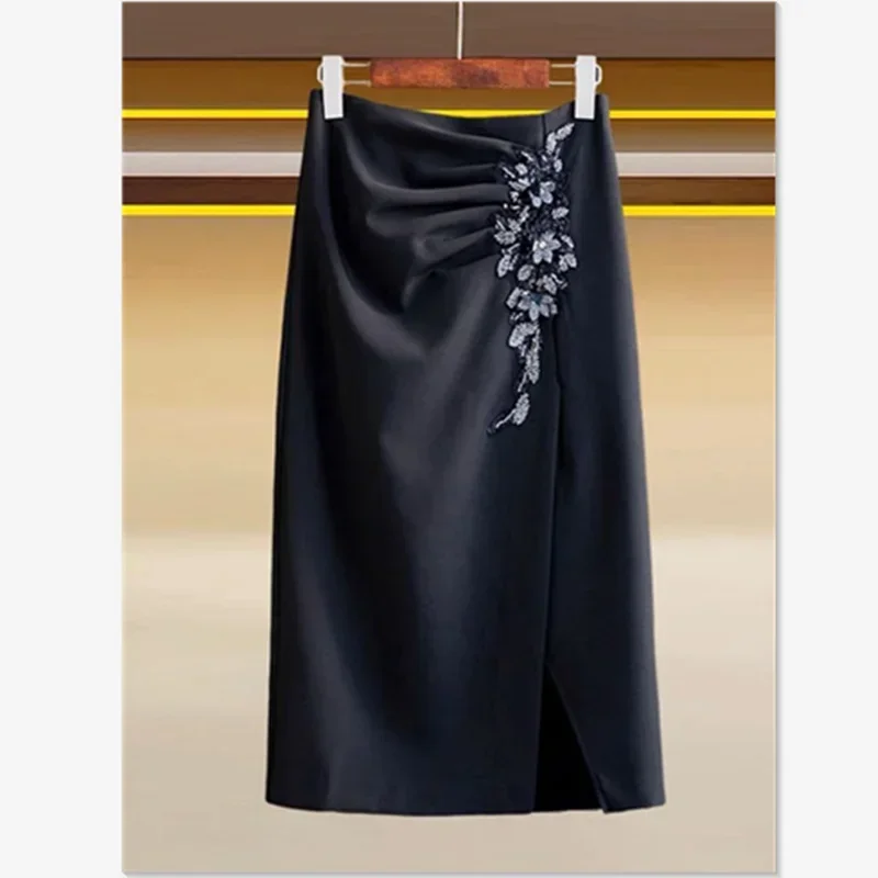 New Luxury Fashion Skirt Women Flower Beading Sequin Sexy High Waist Slim A-Line Elegant Party Skirts Celebrity Midi Faldas