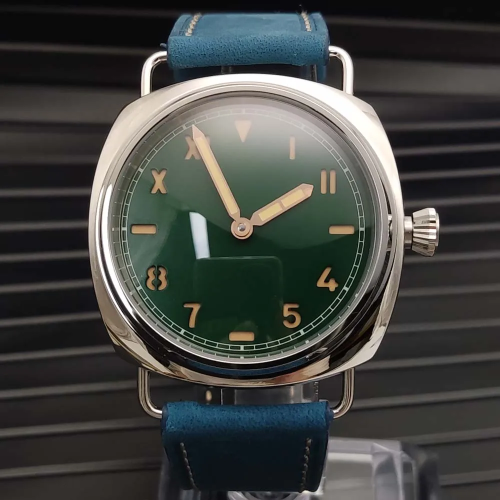 45mm Men\'s Classic Vintage Manual Watch with Leather Strap, Stainless Steel Water Resistant Case, Night C3 Green Glow Watch