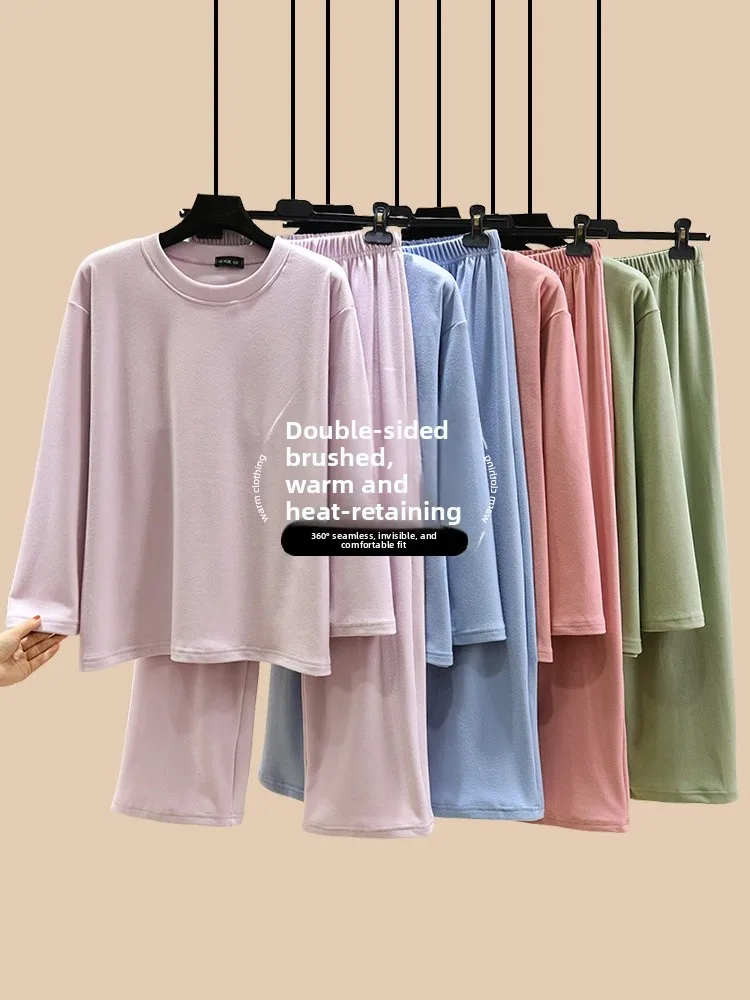 

Утепленный плюшевый домашний комплект для женщин: кофта с круглым вырезом и длинными рукавами, длинные брюки, повседневная пижама больших размеров, комплект из двух предметов