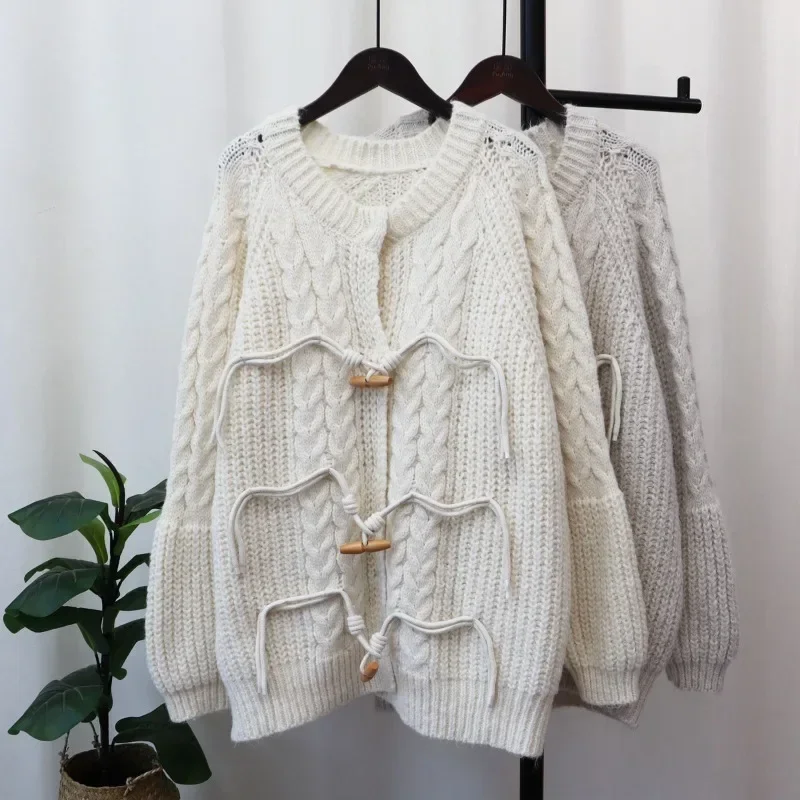 DAYIFUN-Autumn/Winter New,Knitted Cardigan Women,Korean,Loose,Horn Button Design,Sweater Coat,Lady,Lazy Style Versatile Tops