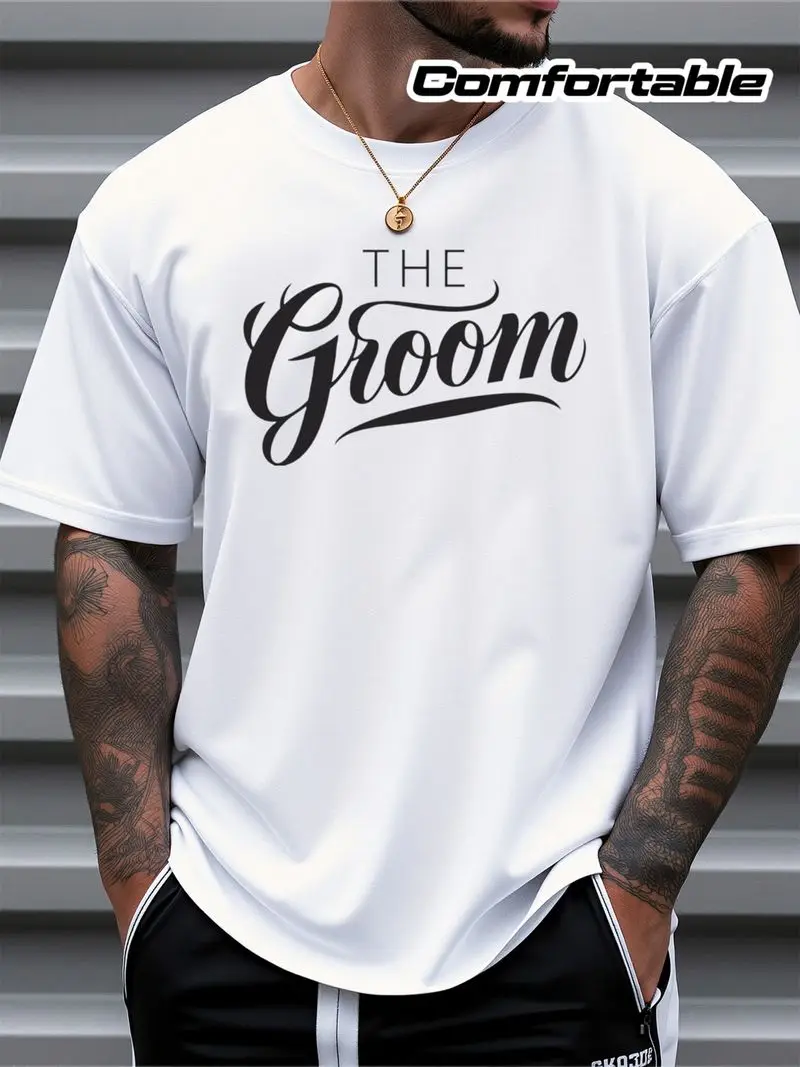 Men's The Groom Script Pattern T-Shirt - Black Letters On White, Casual Short Sleeves Gift For Bachelor Parties Or Wedding Wear