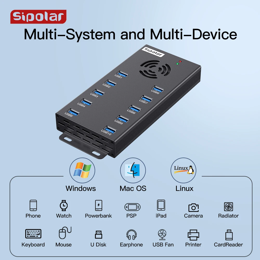 Sipolar A-423 10 ports usb 3.0 charger hub 5Gbps supper speed with 120W  power adapter for iphone ipad tablets phone