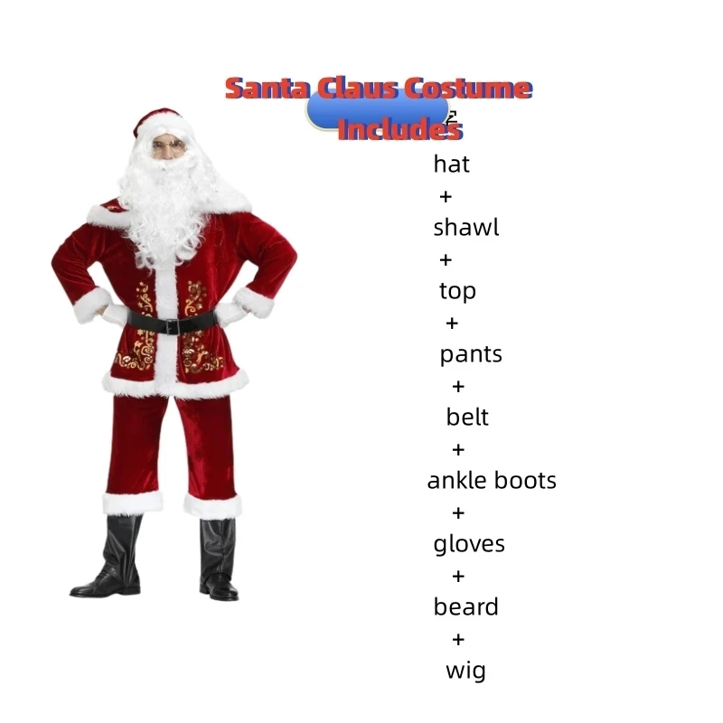 

Men's Christmas Costume Cosplay White Beard Santa Claus Clothing Printing Suit Halloween Stage Performance Masquerade Set Outfit