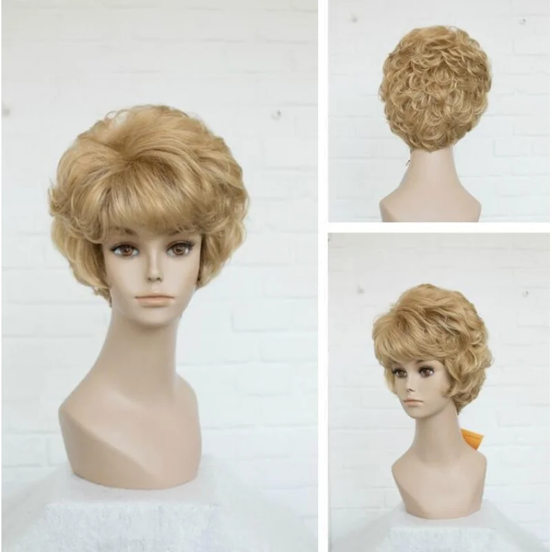 

Ladies Golden Wig Short Curly Wig Fashion Wig Women Fiber Wig+Wig Cap