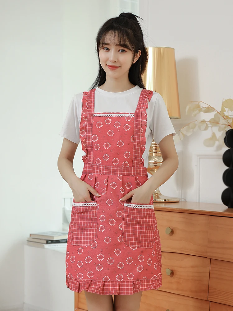Pure Cotton Apron Breathable Kitchen Cooking Apron Thin Model New Summer Home Use PVC Waterproof All-Match  Color Apron