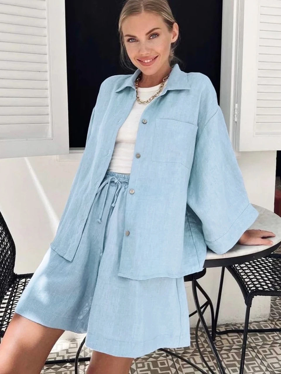 

Linad Loose Women's Sleepwear 2 Piece Sets Blue Three Quarter Sleeve Female Home Casual Suits With Shorts Summer Pajamas Set New