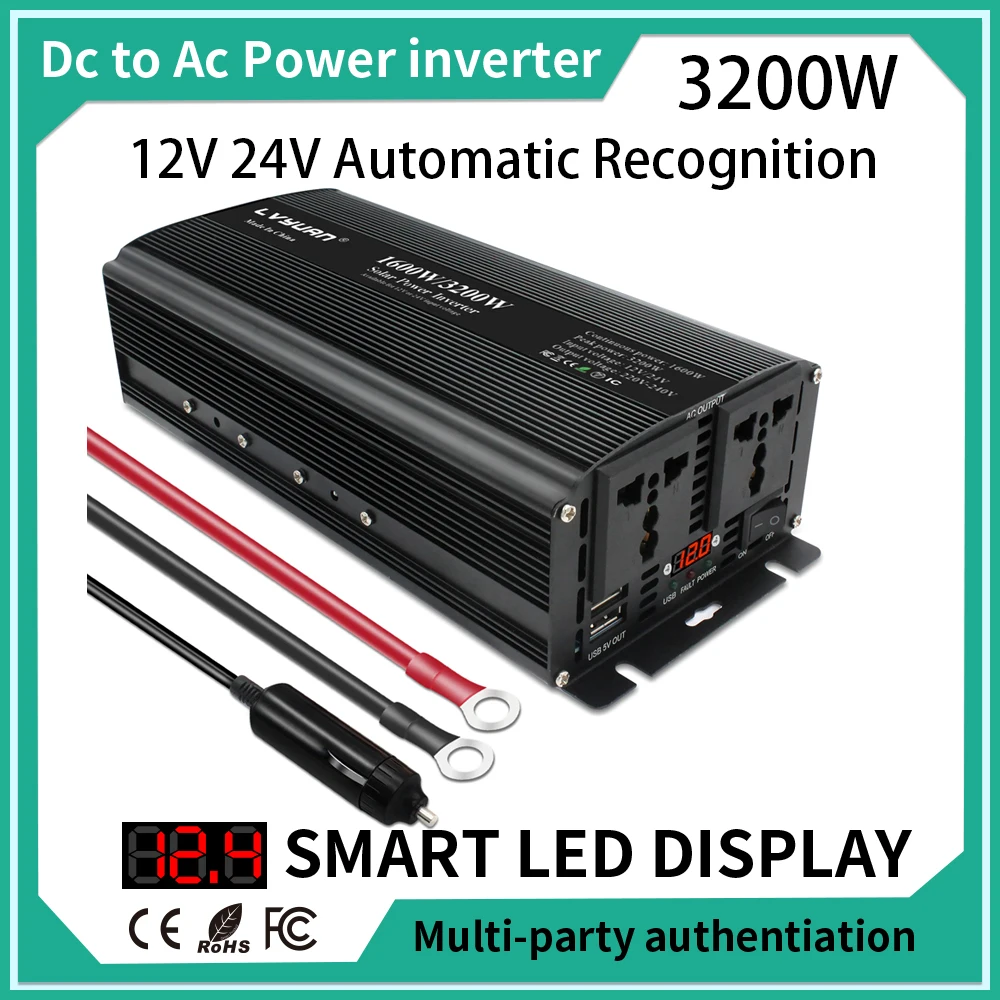 1600W/3200W Dual Voltage Automatic Recognition DC 12V/24V To AC 220V 230V Solar Socket Inverter External Fuse Universal