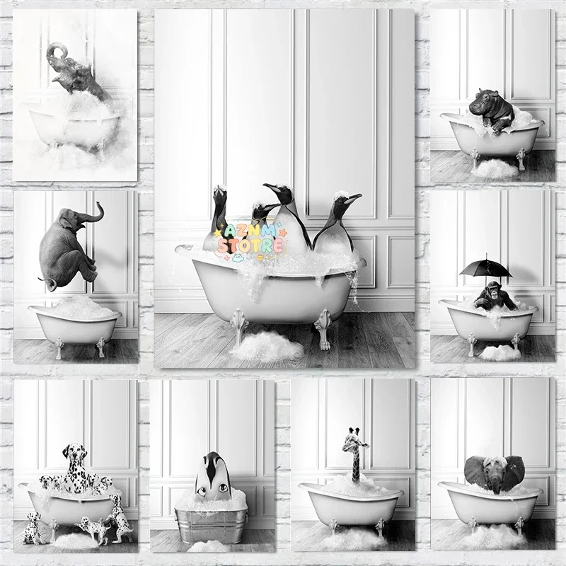 Unframe Bathing Animals Penguin Rhinoceros Polar Bear Elephant Gorilla Poster and Canvas Printing Wall Art Picture for Bathro