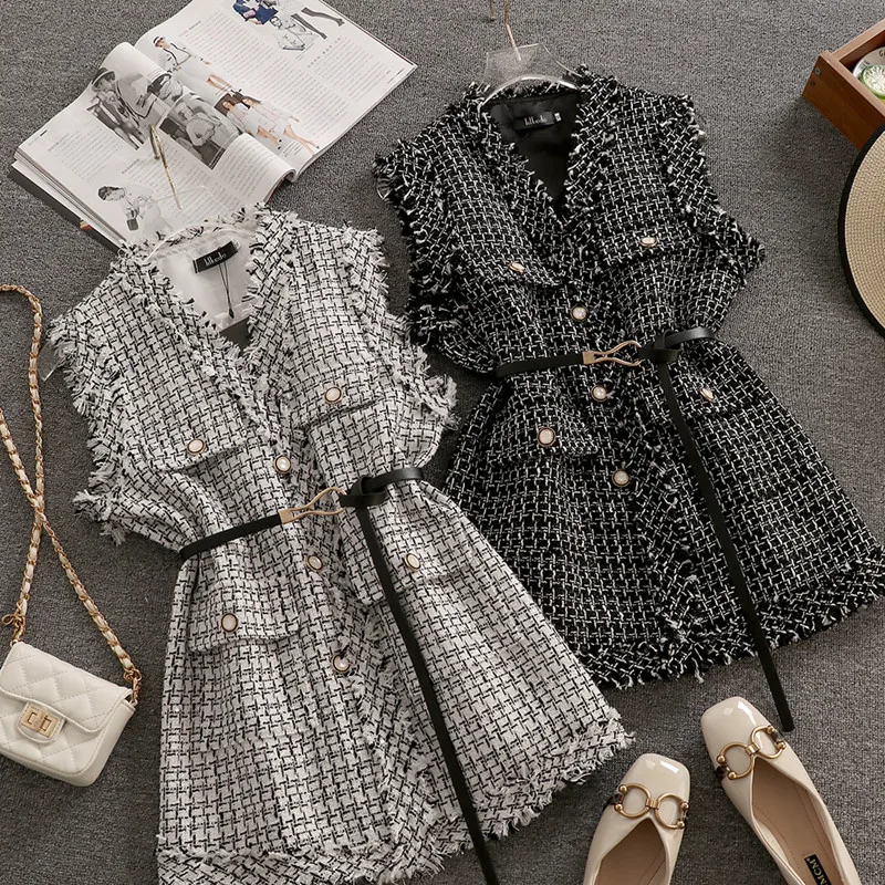 

Women's Spring Autumn New Female Outwear Fashion Fragrant Style Retro Mid Length Plaid Tweed Vest Coat