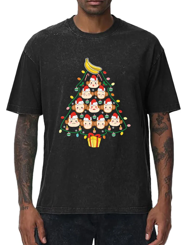 

Christmas Monkey 230g Heavy Cotton Washed Oversized T-Shirt for Men Christmas Graphic Tee Retro Casual Top