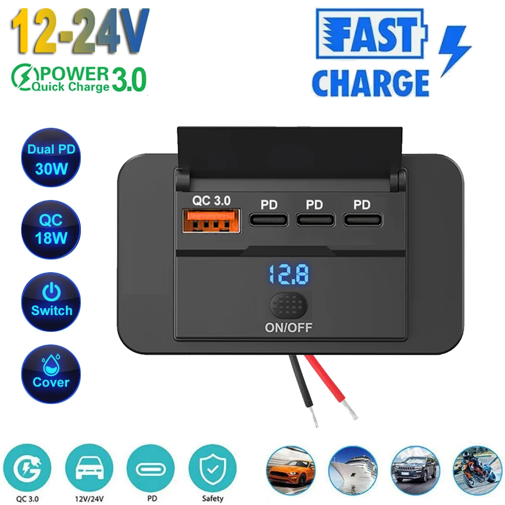 2025 4 Ports 12V RV USB Outlet Dual USB C 36W and Dual QC 3.0 18W Port Car Charger Socket Accessories for Car Bus RV Truck