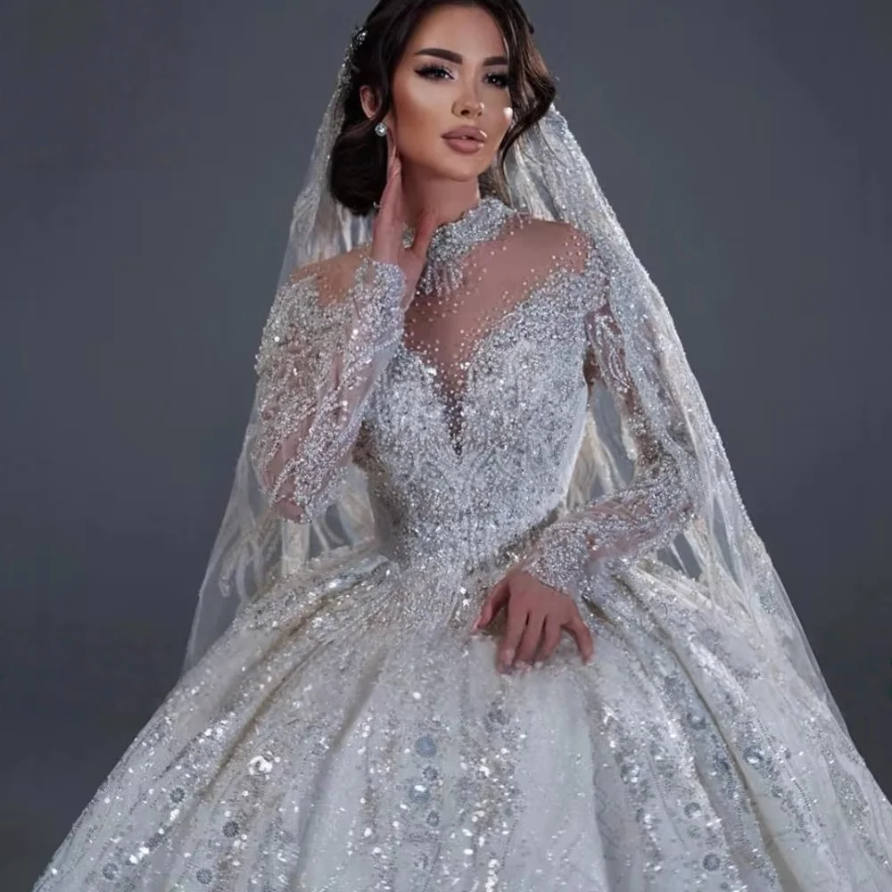 Customiz Vestido De Novia High Neck Ball Gown Wedding Dress Long Sleeve Heavy Beaded Sequin Appliques Bridal Gown Corset Back